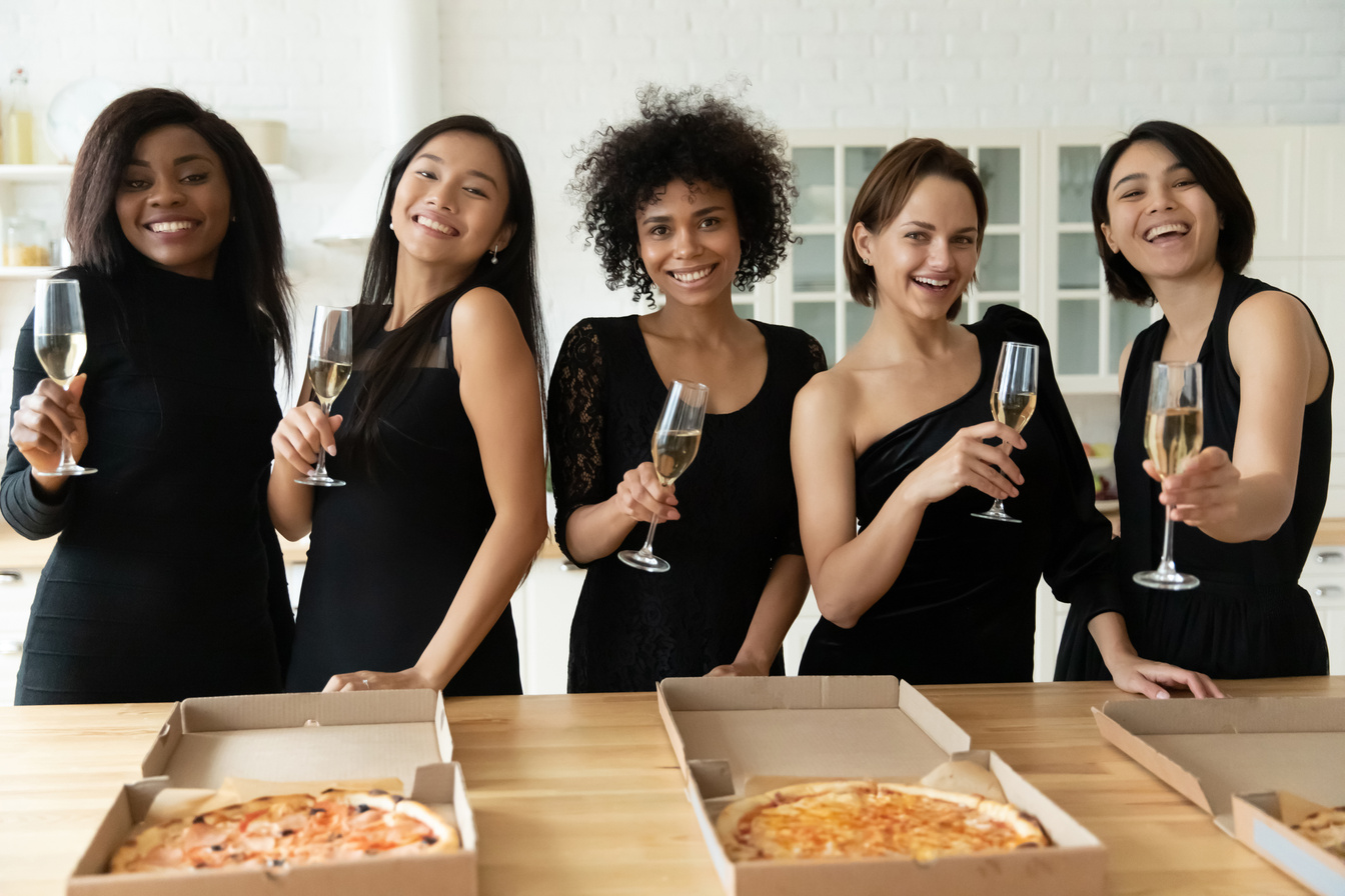 Portrait happy diverse women celebrating at hen party together